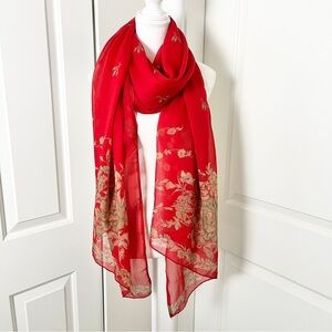 Red & Gold Floral Sari-Inspired Shawl – Boho Luxe Wrap Bollywood Festival Scarf